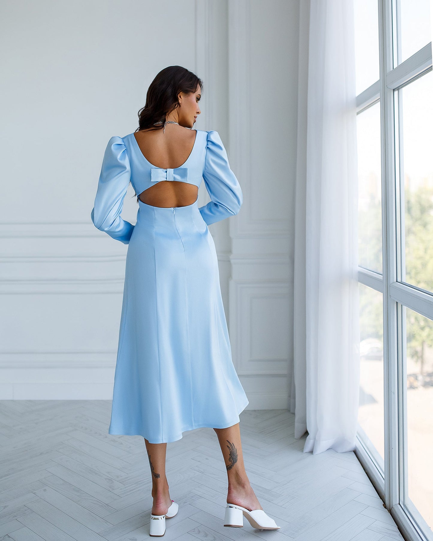 trinarosh Sky-Blue Satin Bow Back Midi Dress