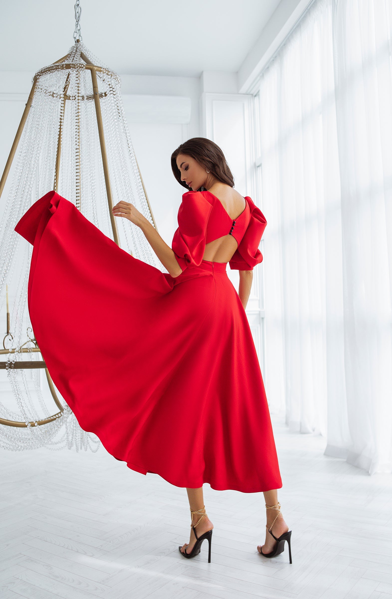 Red Backless Puff-Sleeve Midi Dress trinarosh Red Backless Puff-Sleeve Midi Dress trinarosh