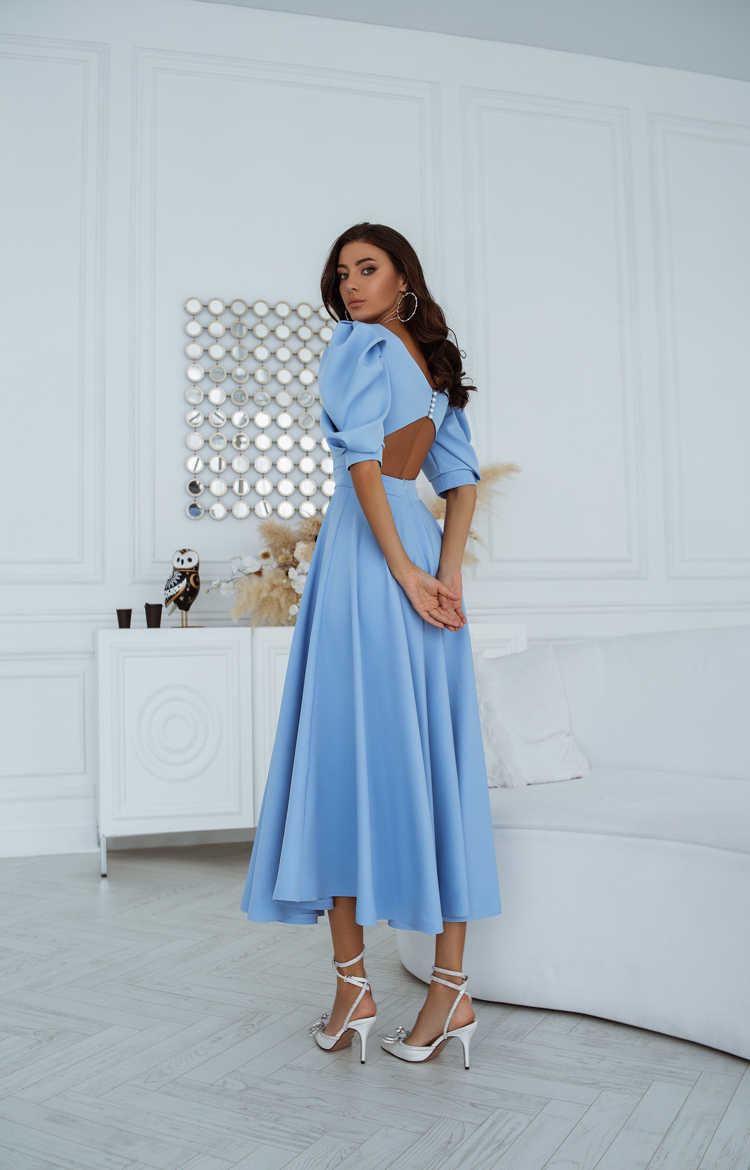 Sky-Blue Backless Puff-Sleeve Midi Dress - Main Image
