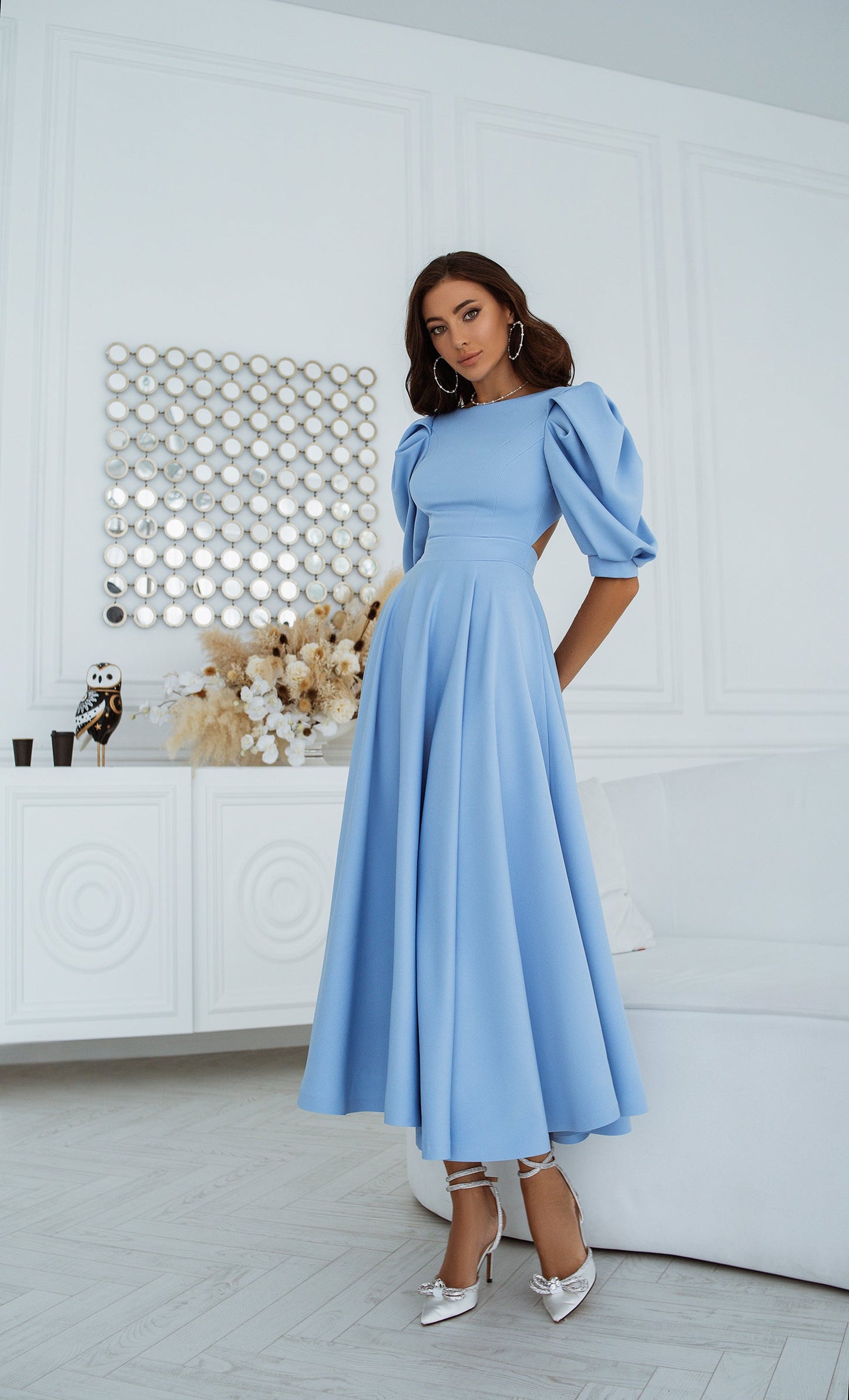 trinarosh Sky-Blue Backless Puff-Sleeve Midi Dress