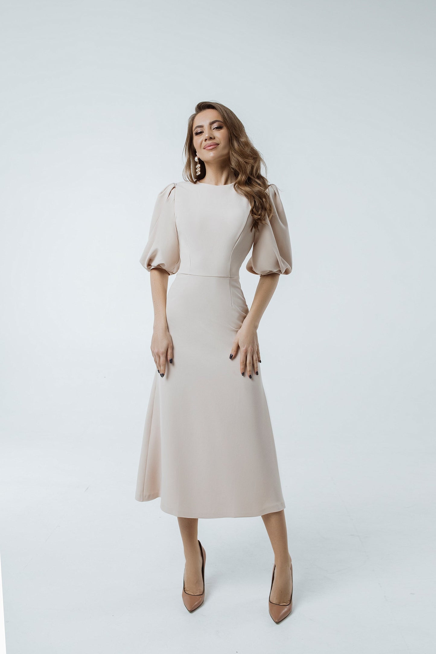 trinarosh Beige Puff Sleeve Midi Dress