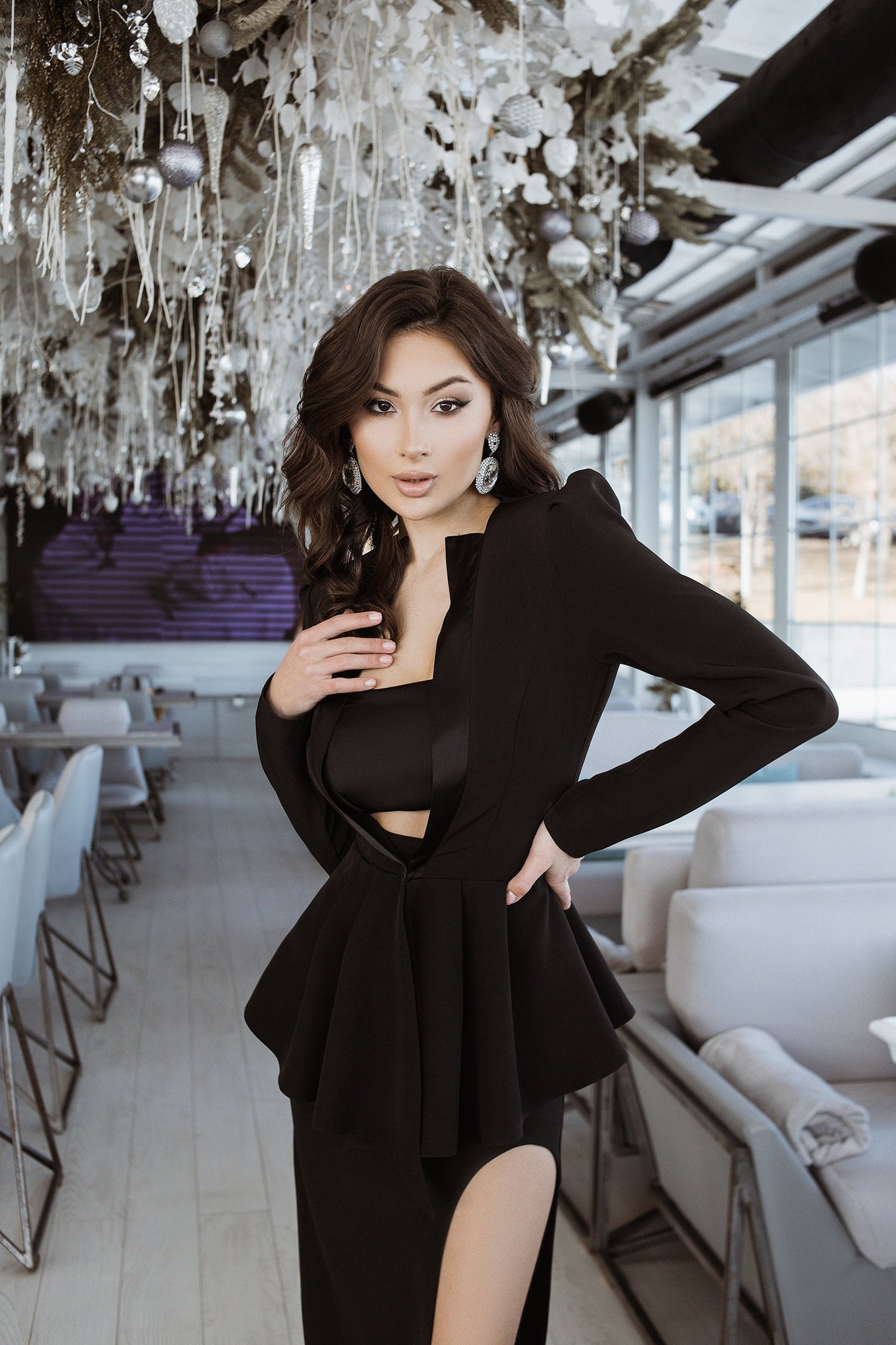 trinarosh Black Slit Skirt Suit 2-Piece with Basque