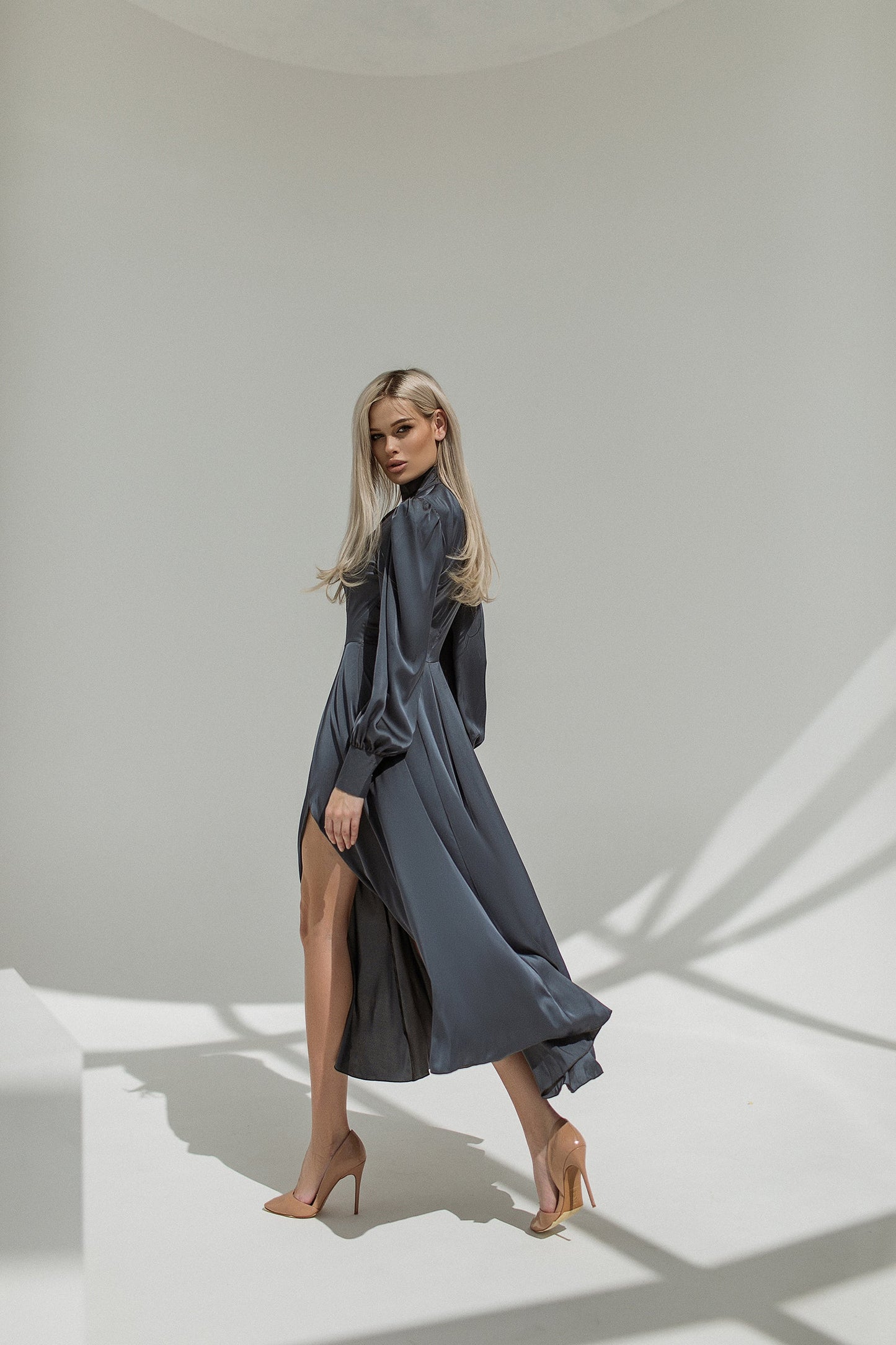 trinarosh Graphite Silk Long Sleeve Maxi Dress