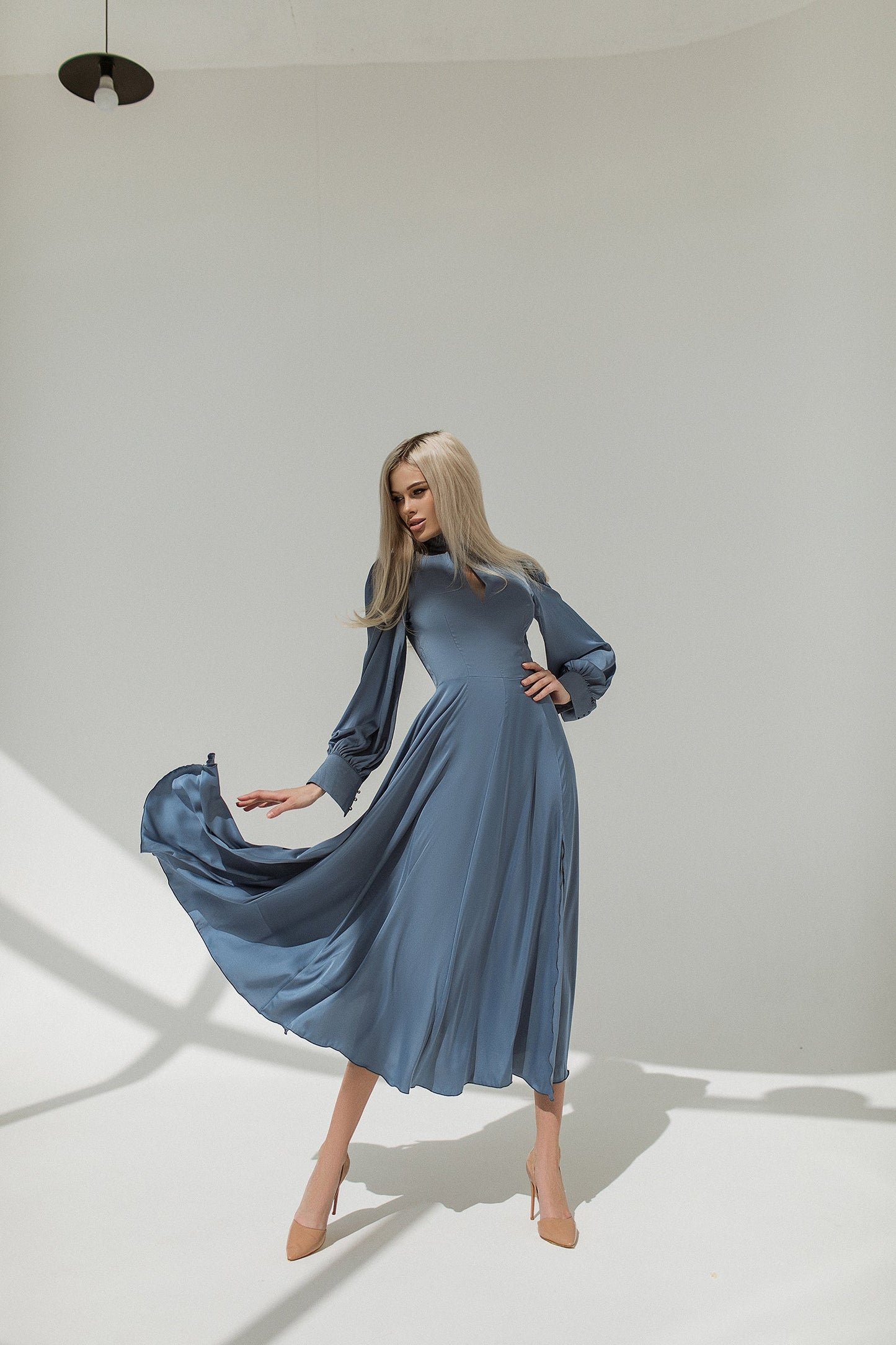 trinarosh Blue Silk Long Sleeve Maxi Dress
