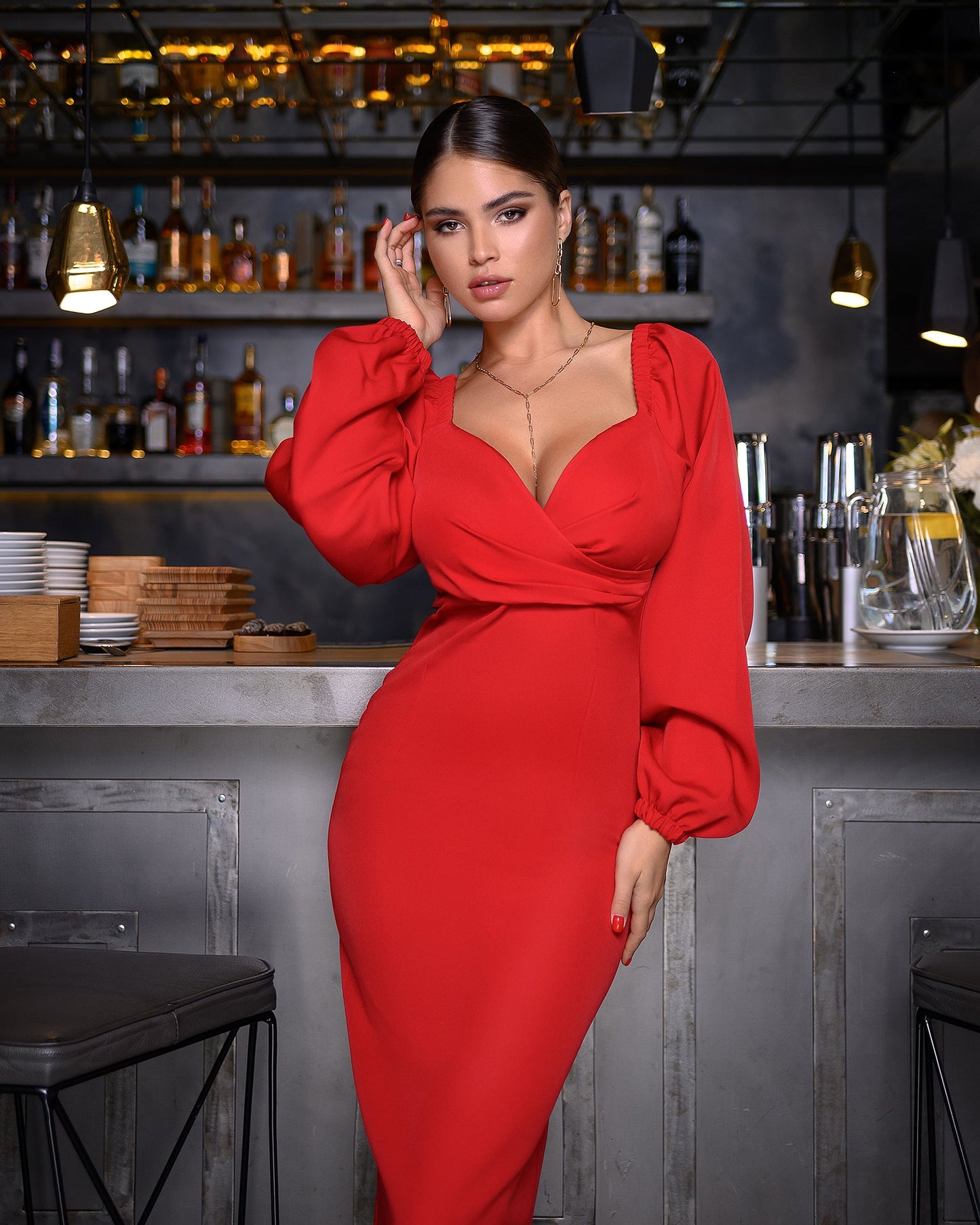 trinarosh Red Puff-Sleeve Midi Dress