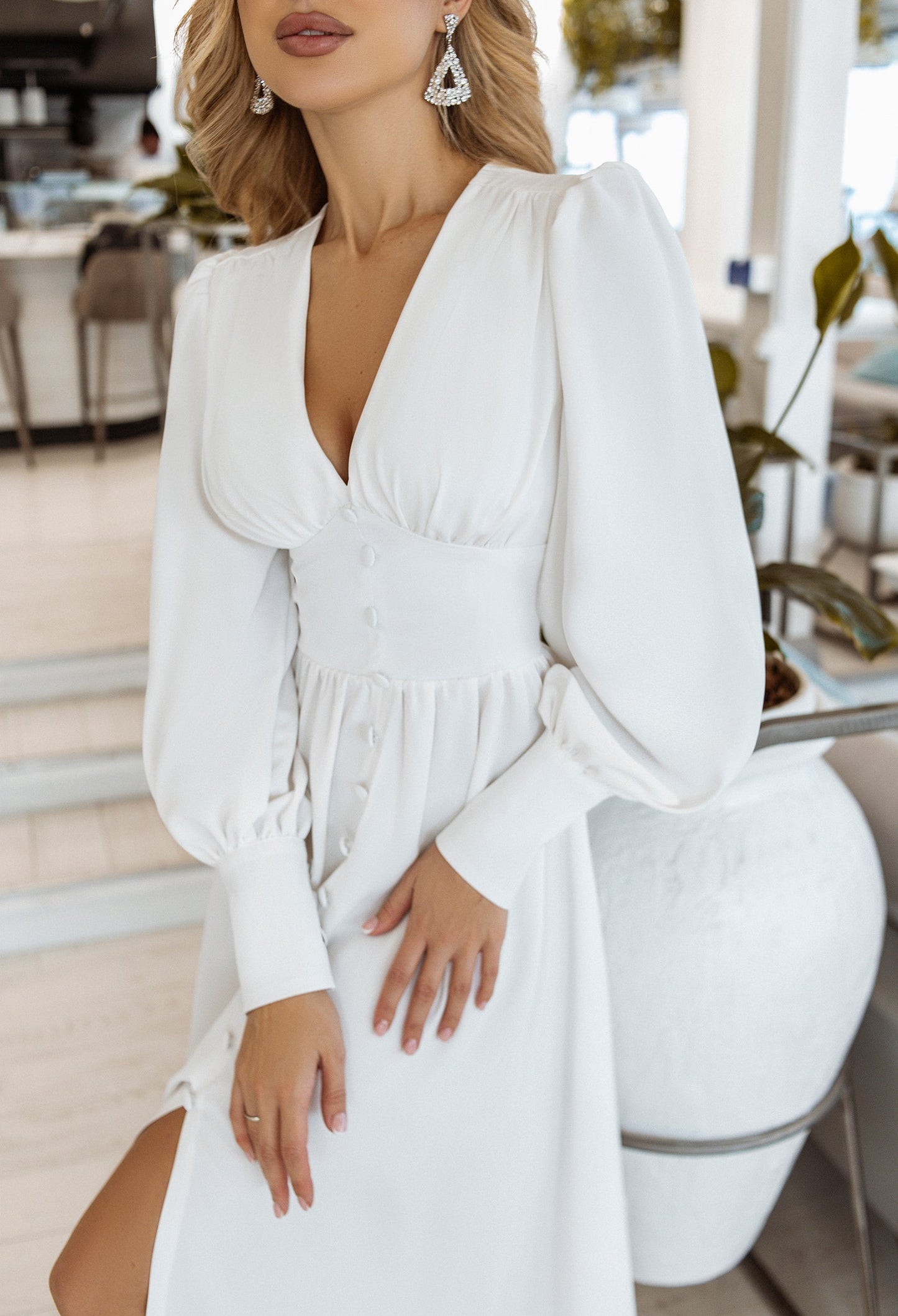 trinarosh White Buttoned Puff-Sleeve Midi Dress