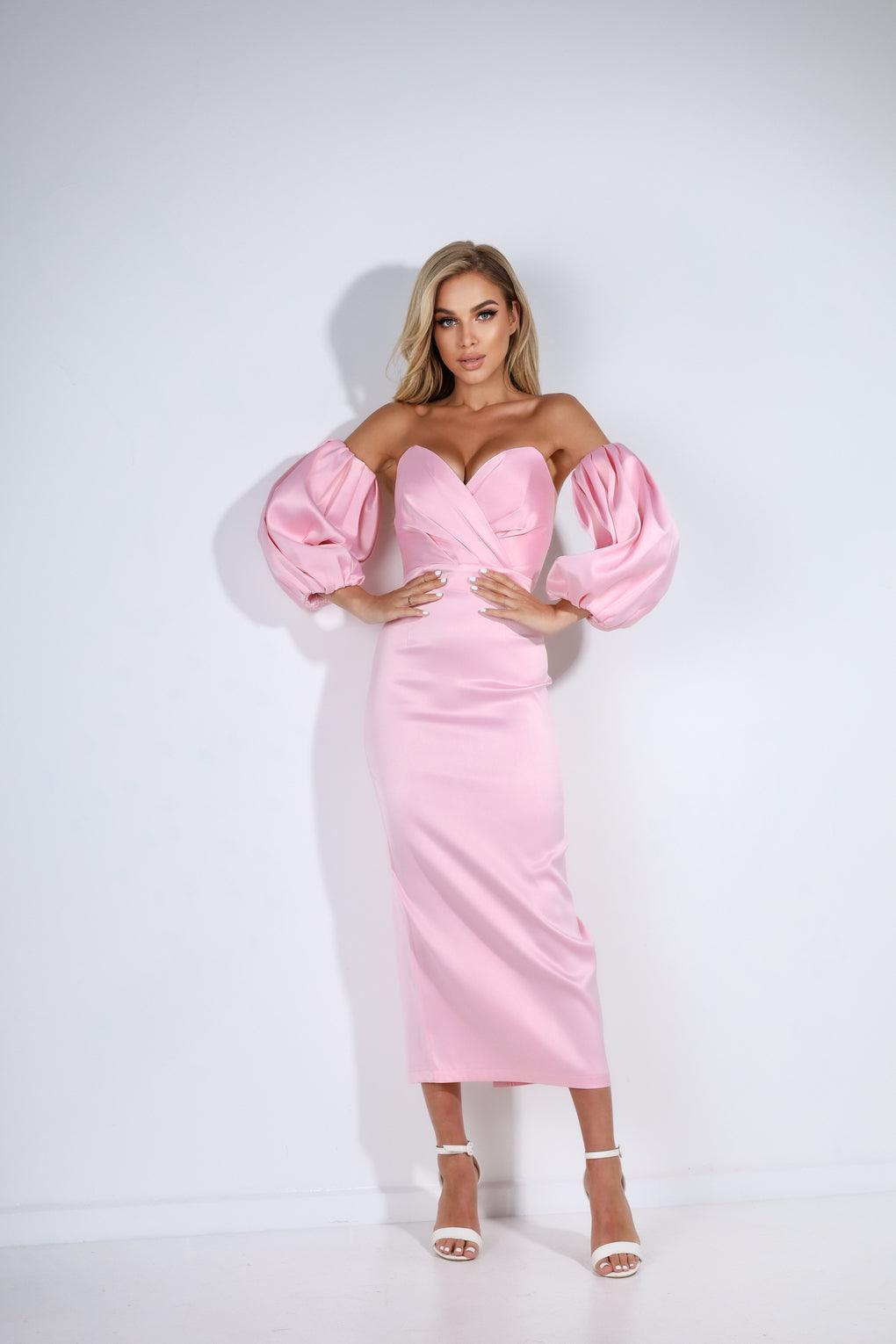 trinarosh Pink Puffed Sleeve Midi Dress