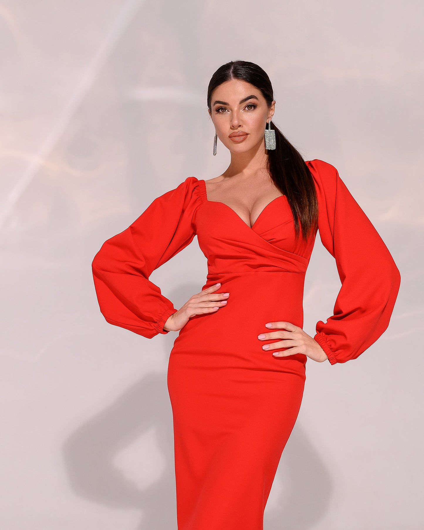 trinarosh Red Puff-Sleeve Midi Dress