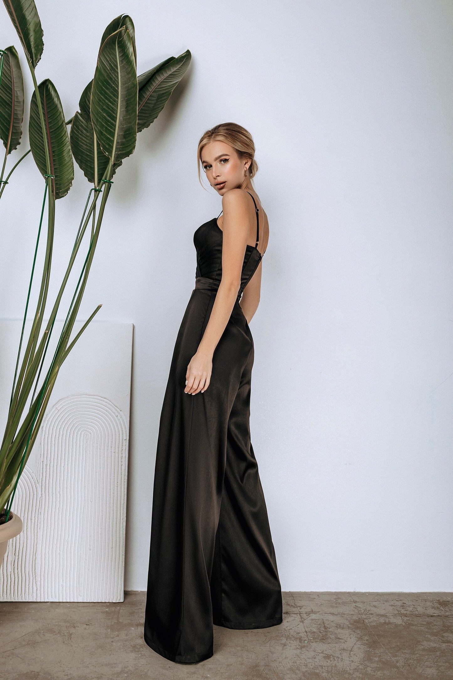 trinarosh Black Satin Wide-Leg Jumpsuit