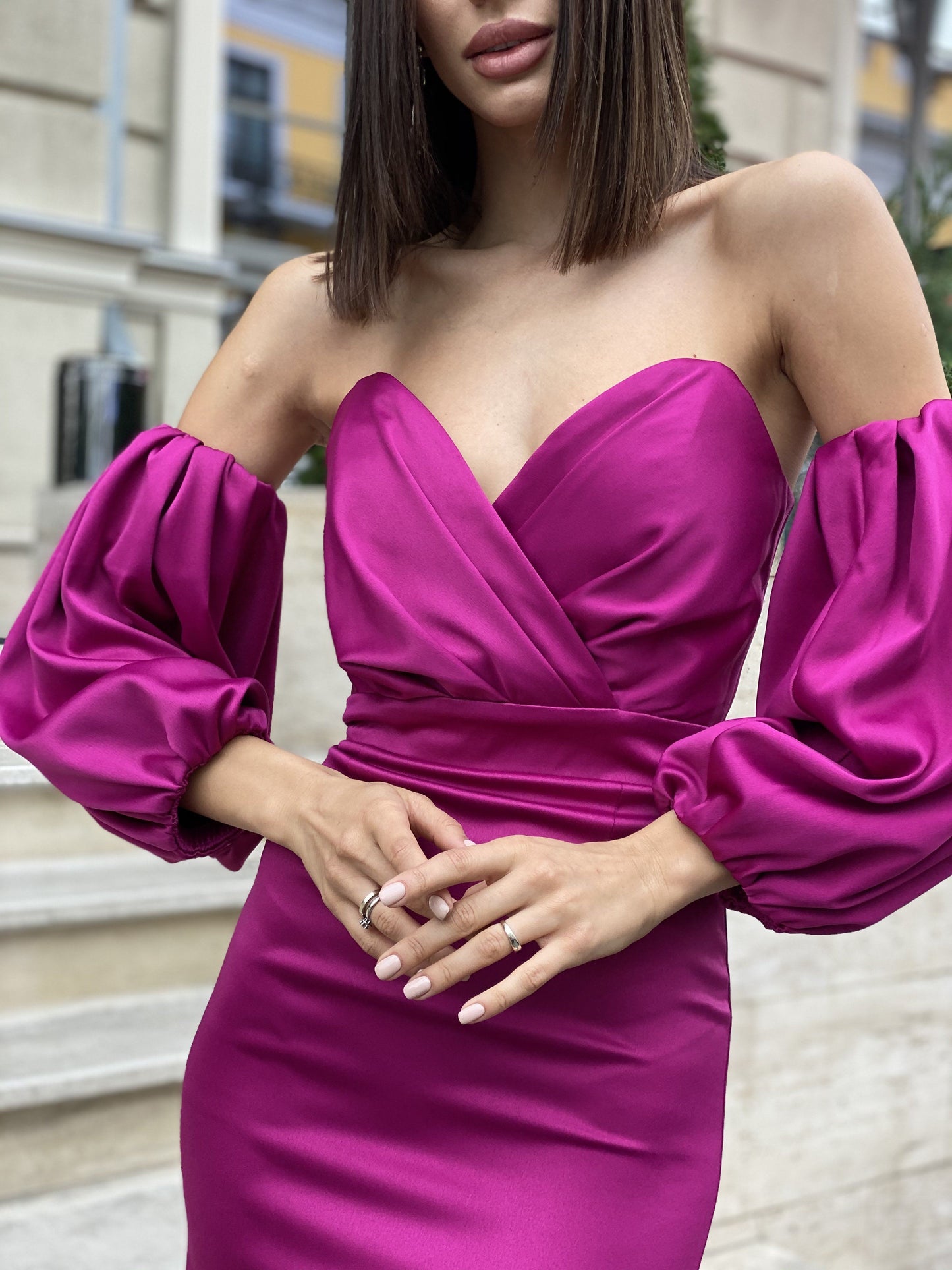 trinarosh Fuchsia Puffed Sleeve Midi Prom Dress