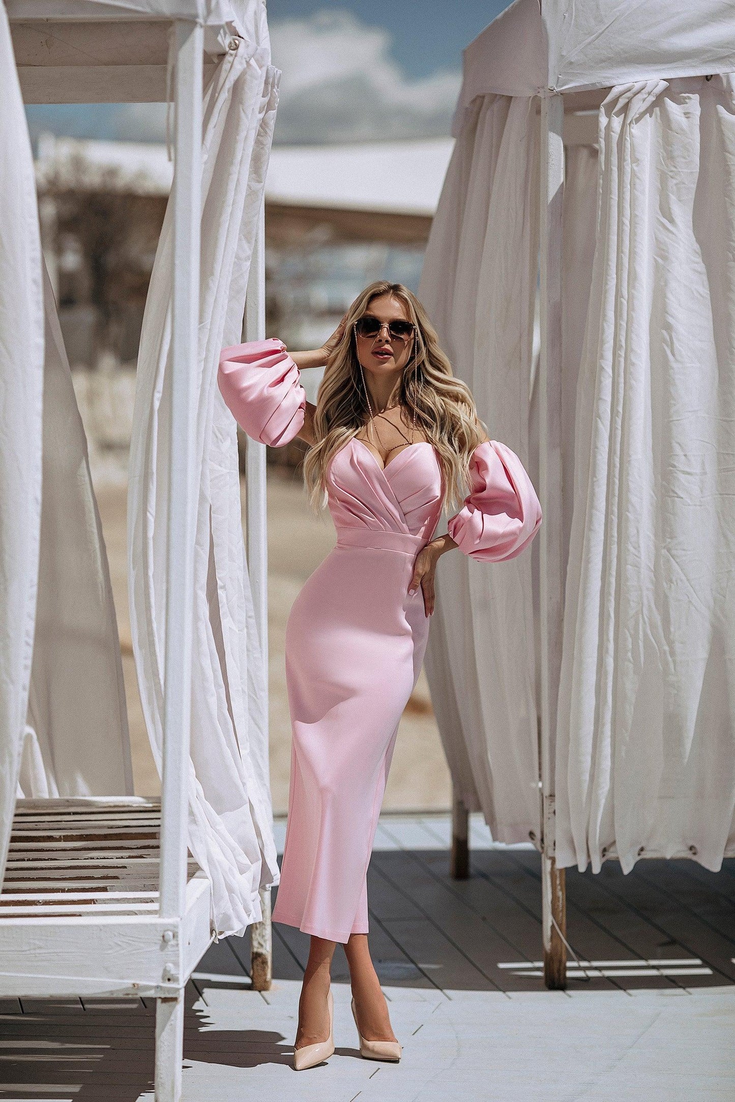 trinarosh Pink Puffed Sleeve Midi Dress