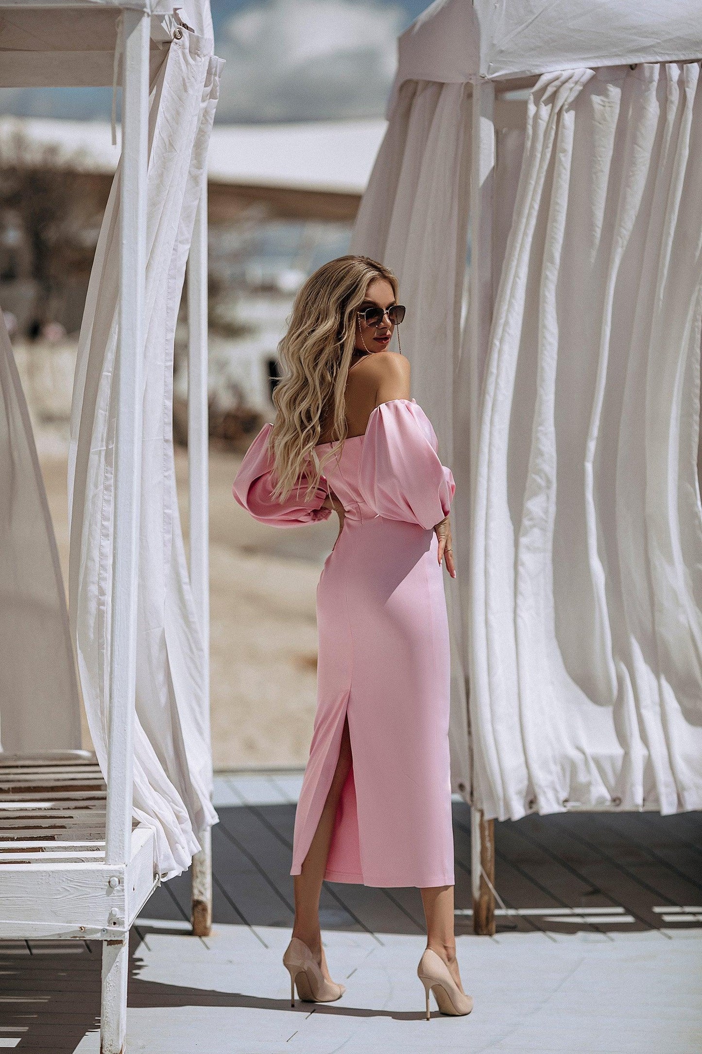 trinarosh Pink Puffed Sleeve Midi Dress