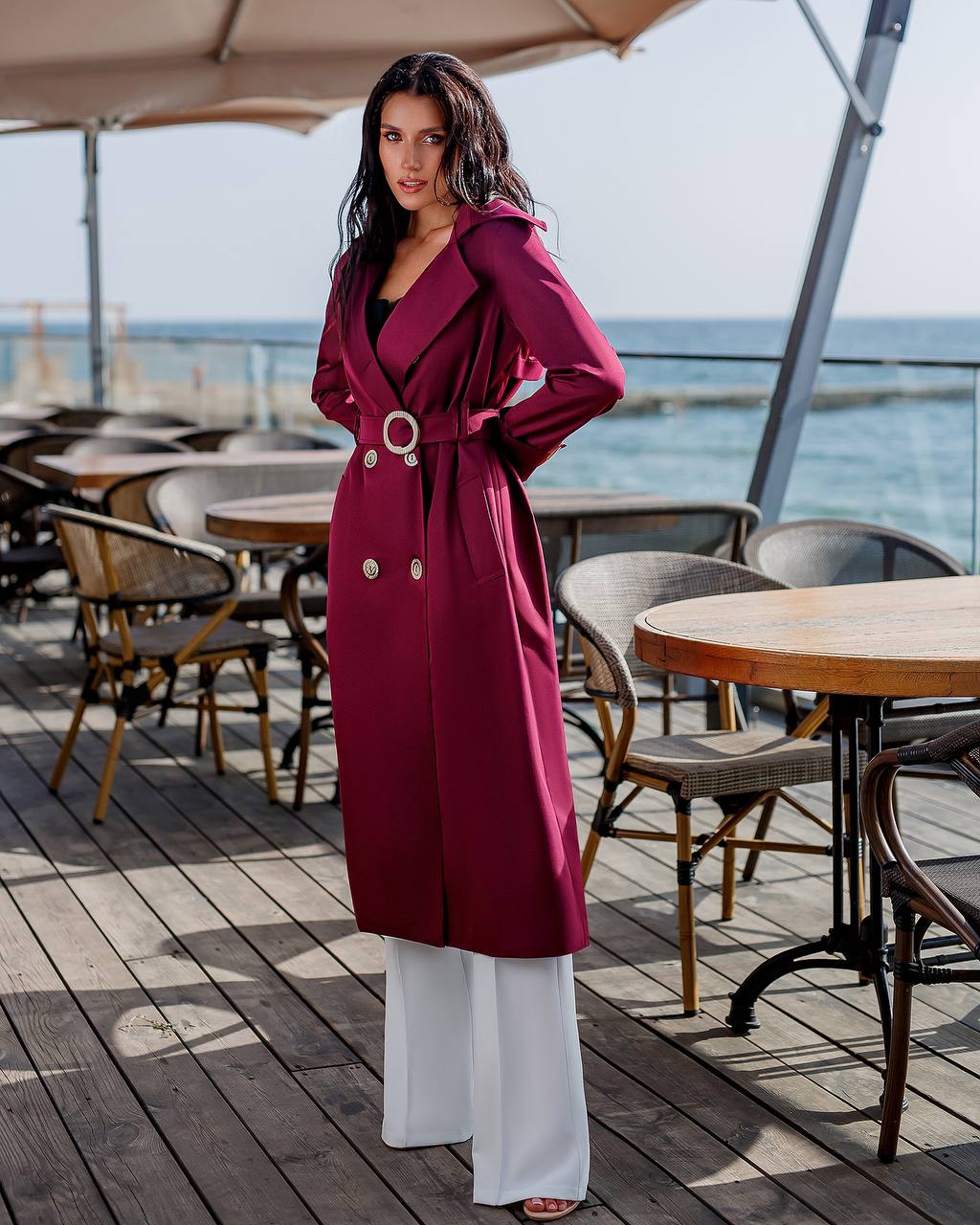 trinarosh Bordeaux Double-Breasted Belted Trench Coat