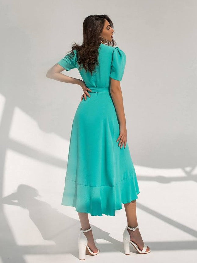 trinarosh Green Wrap Short Sleeve Midi Dress