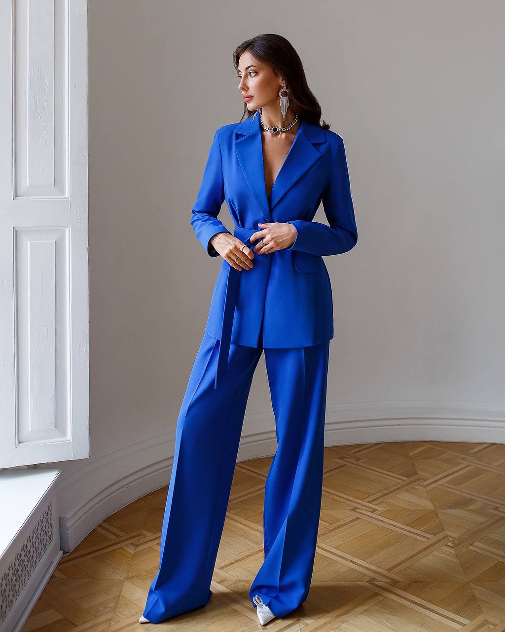 Blue Pant Suit - Wide Leg Belted Pants Suit for Women