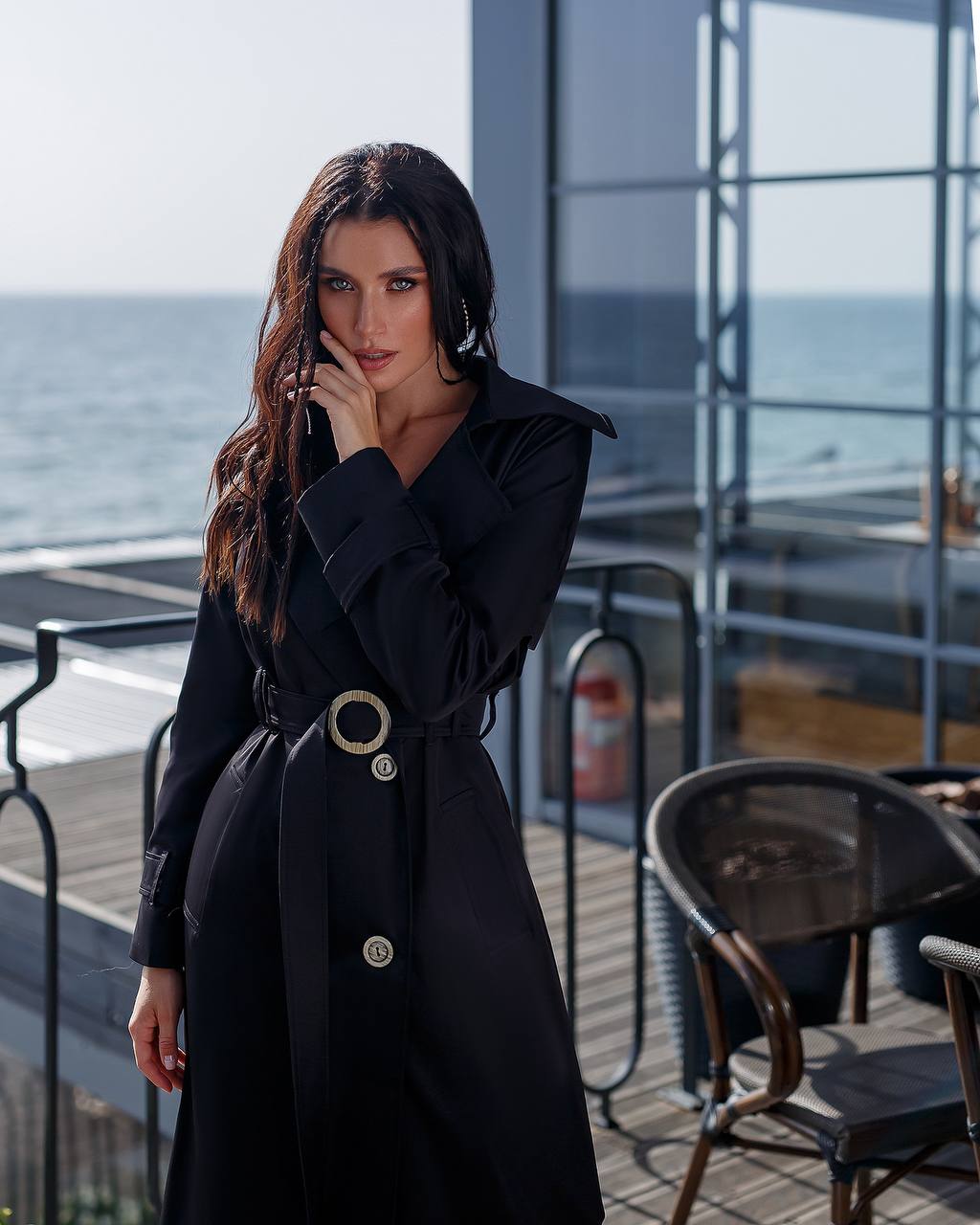trinarosh Black Double-Breasted Belted Trench Coat