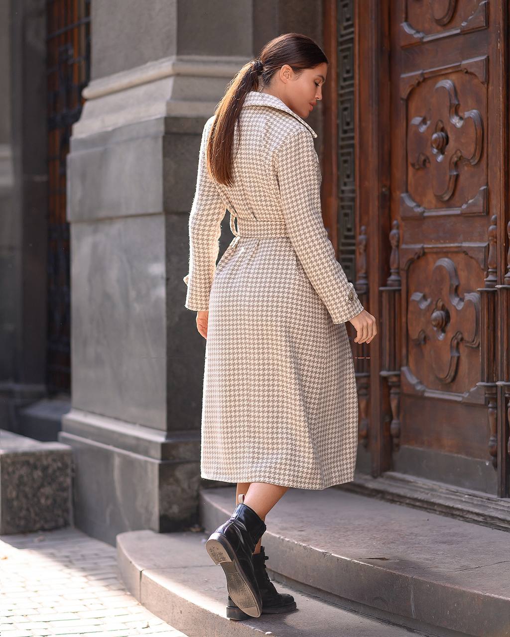 trinarosh Casual Mustard Checked Belted Coat