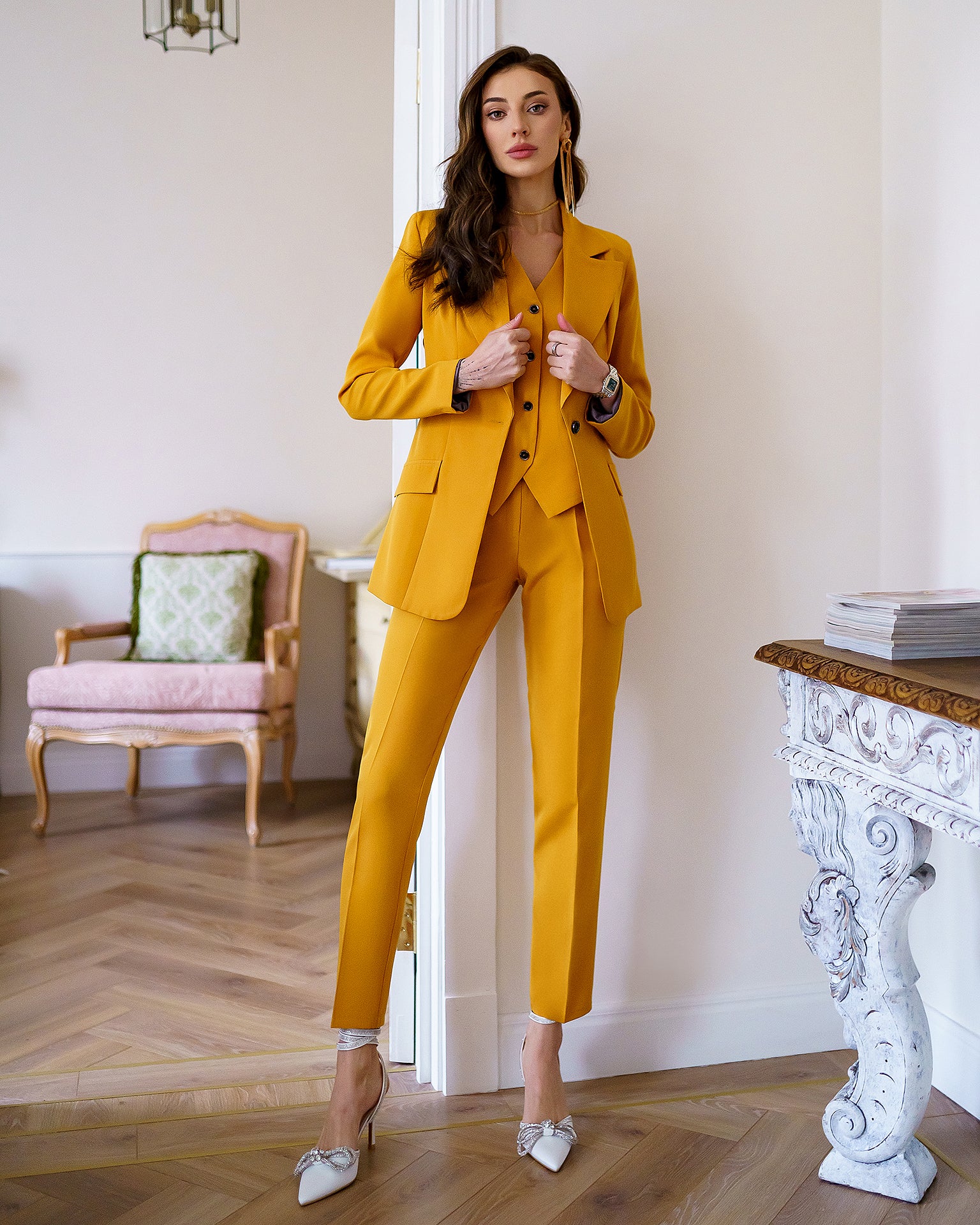 yellow dress suit for women Office Regular-Fit 3-Piece Suit – trinarosh