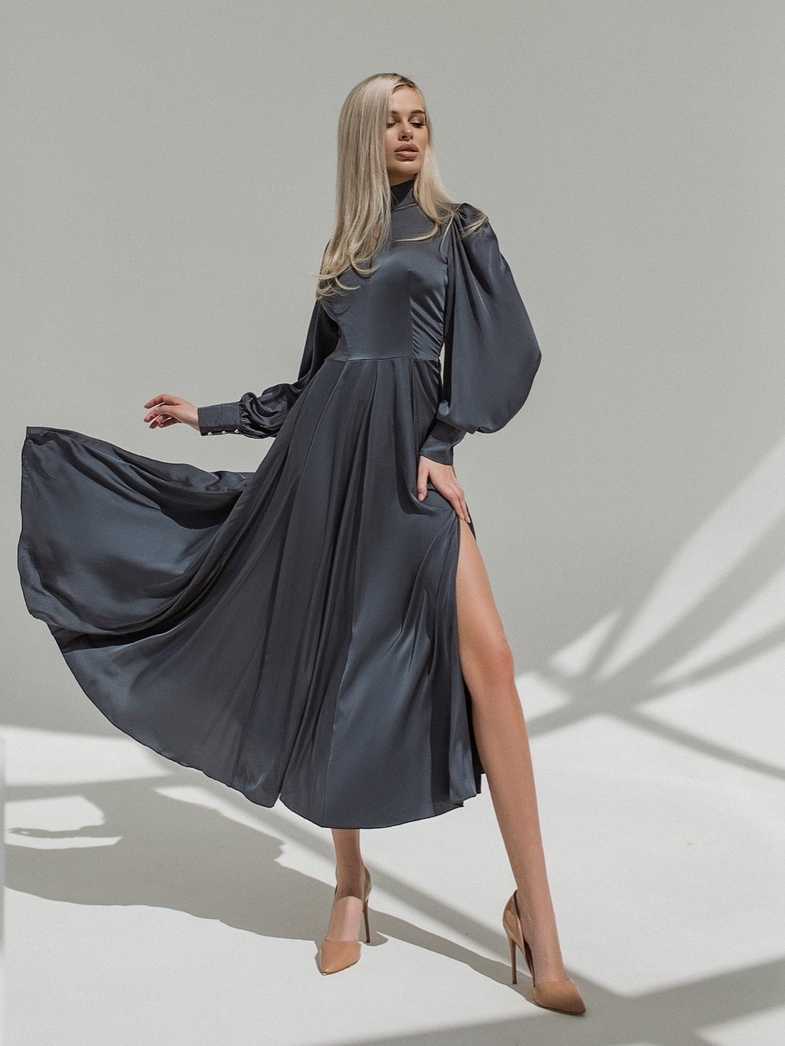 trinarosh Graphite Silk Long Sleeve Maxi Dress