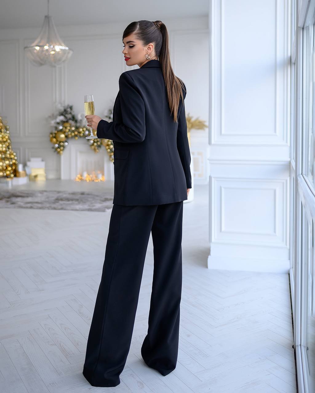 trinarosh Black Double Breasted Wide Leg Suit 3-Piece With Top