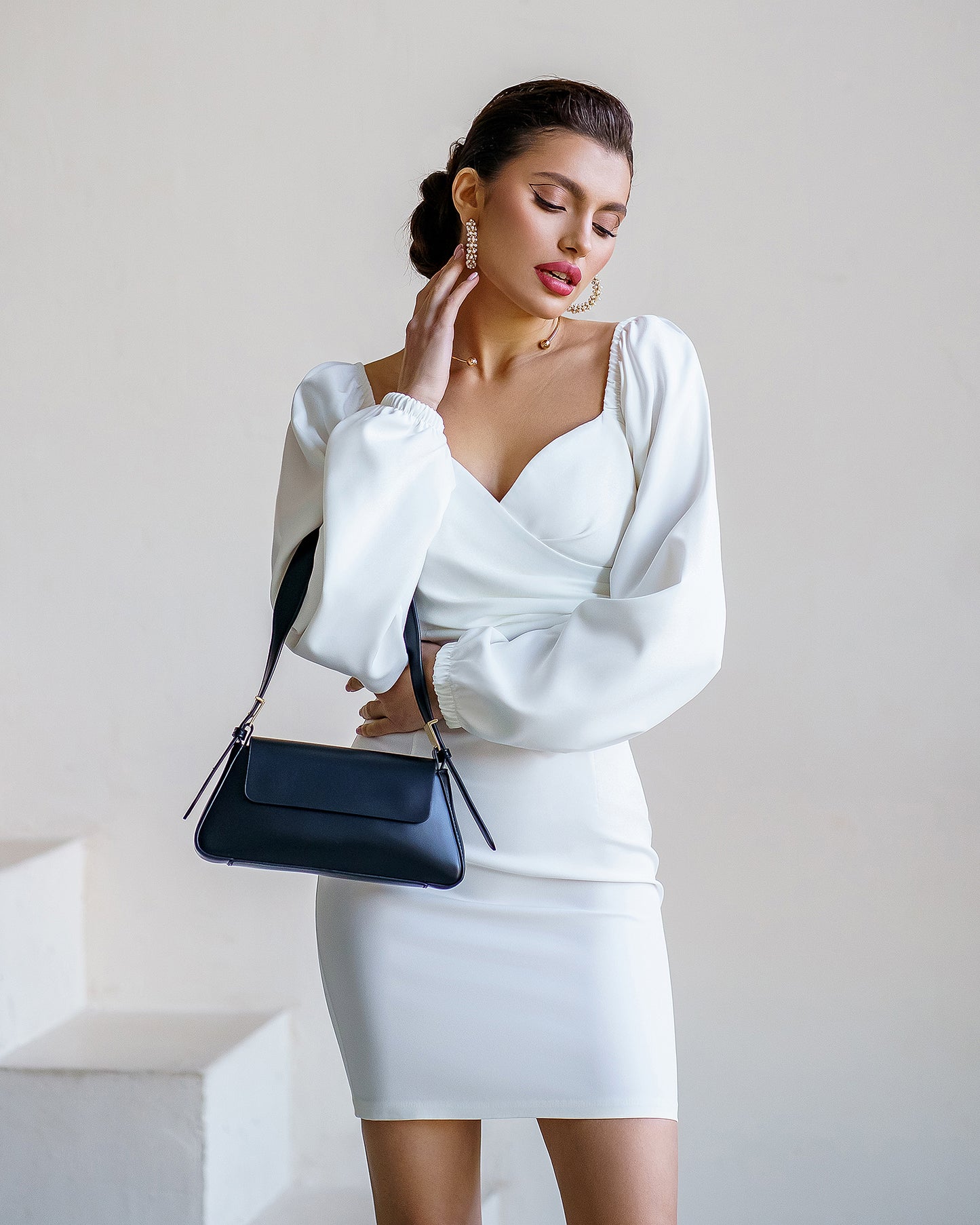 trinarosh White Puff-Sleeve Mini Dress