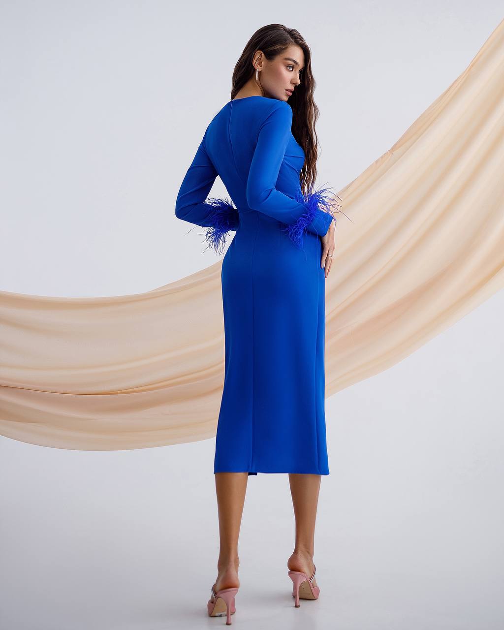 a woman in a blue dress with feathers on her back