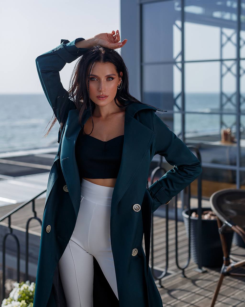 trinarosh Dark Green Double-Breasted Belted Trench Coat