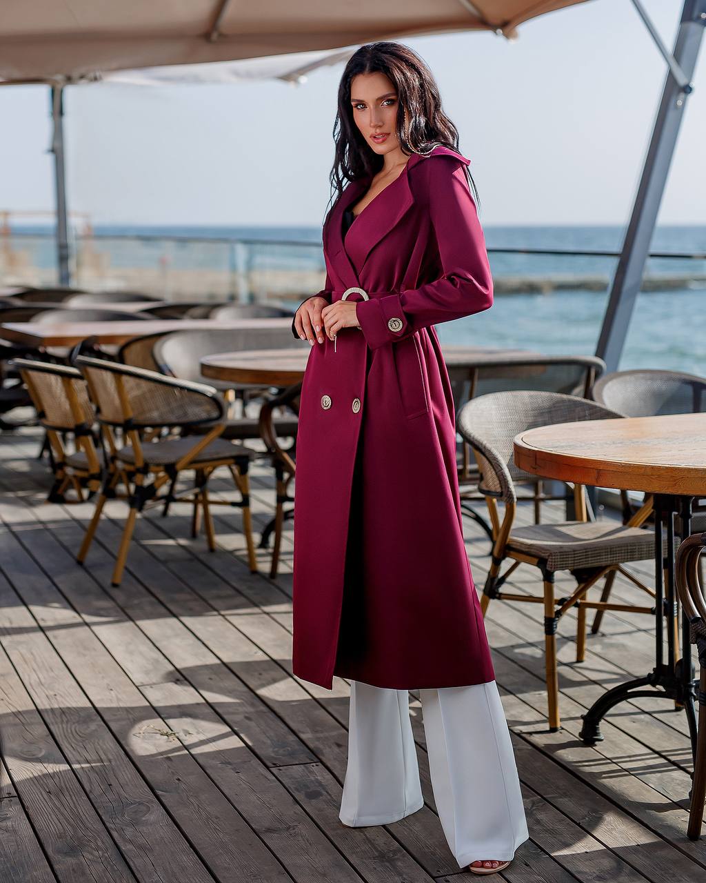 trinarosh Bordeaux Double-Breasted Belted Trench Coat