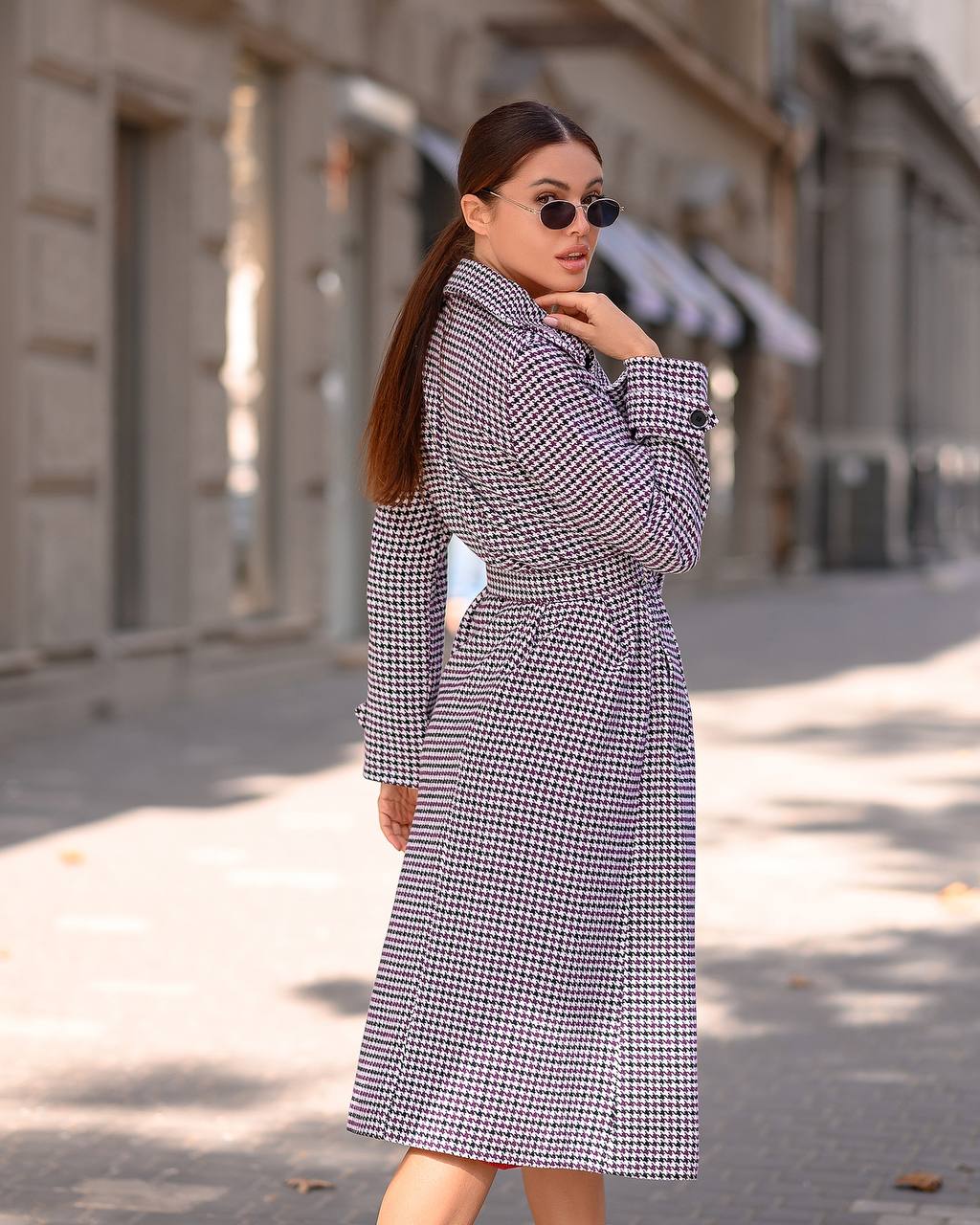 trinarosh Casual Purple Checked Belted Coat