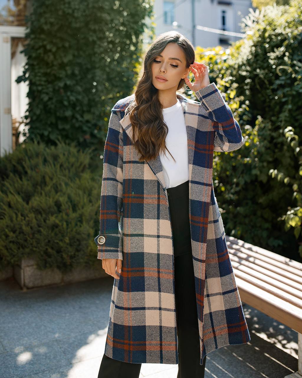 trinarosh Navy Plaid Checked Belted Coat