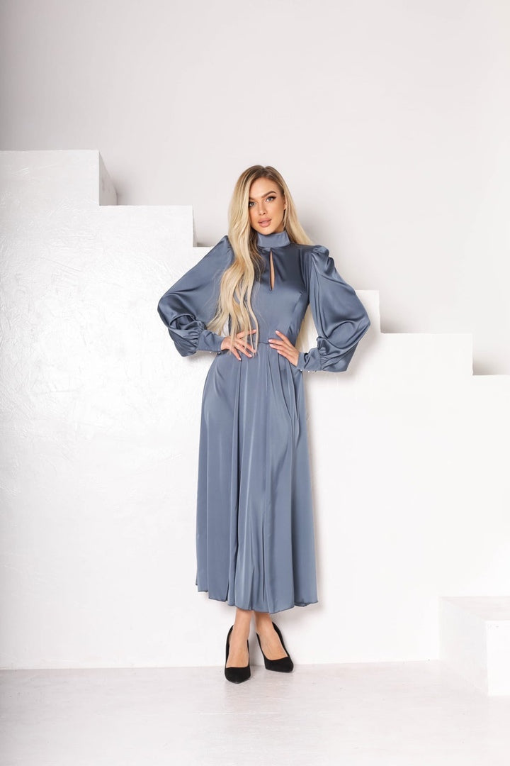 trinarosh Graphite Silk Long Sleeve Maxi Dress