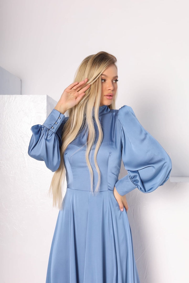 trinarosh Blue Silk Long Sleeve Maxi Dress