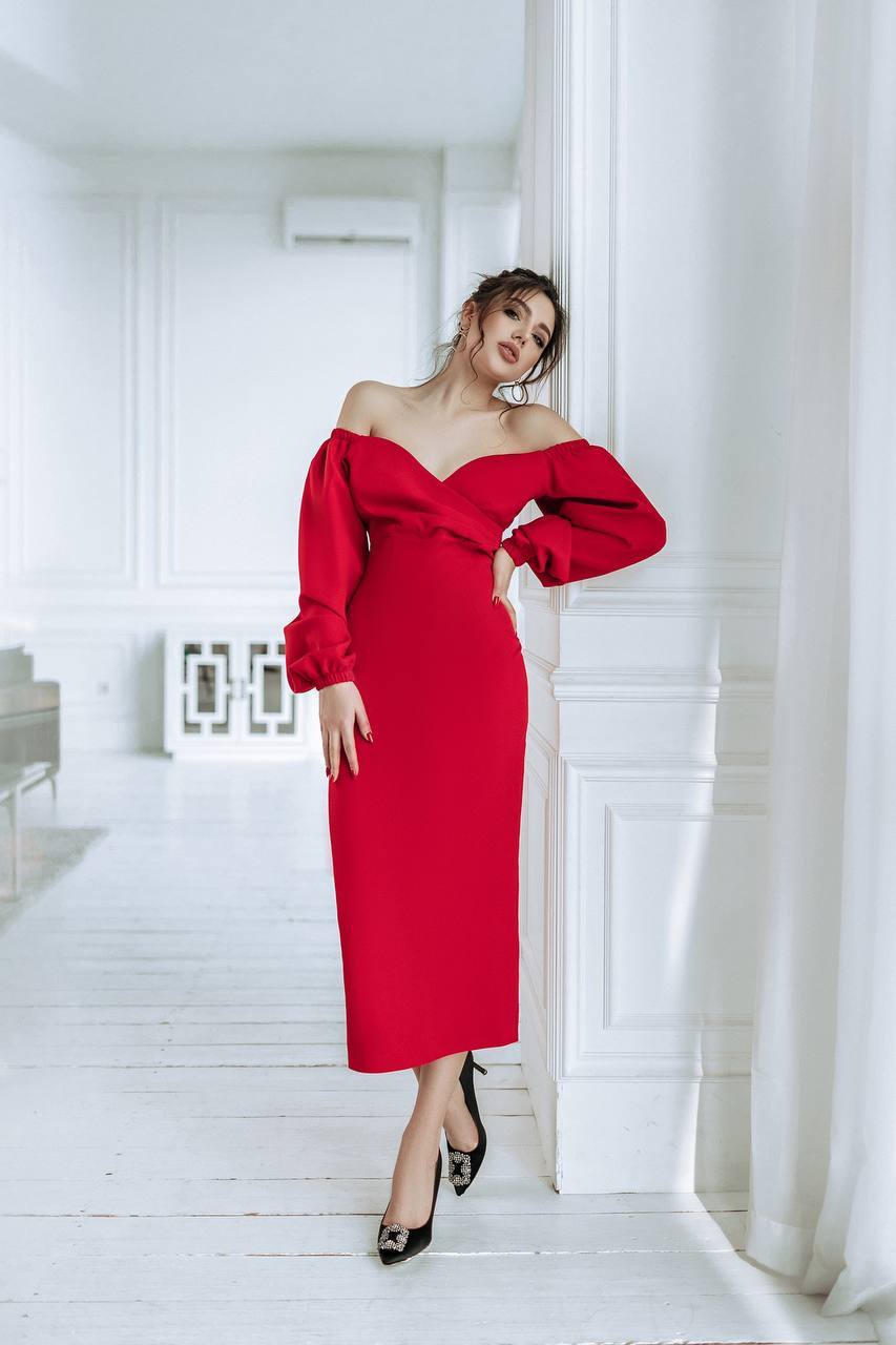 trinarosh Red Puff-Sleeve Midi Dress