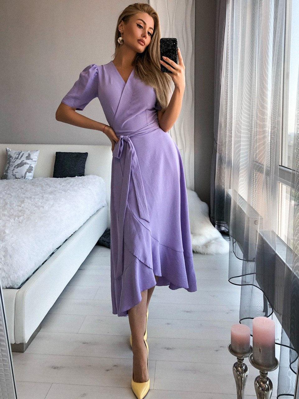 trinarosh Lavender Wrap Short Sleeve Midi Dress