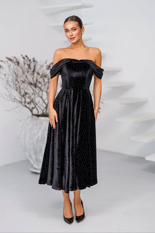 Nova Black Velvet Off-Shoulder Rhinestone Midi Dress
