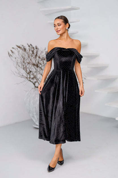 Nova Black Velvet Off-Shoulder Rhinestone Midi Dress