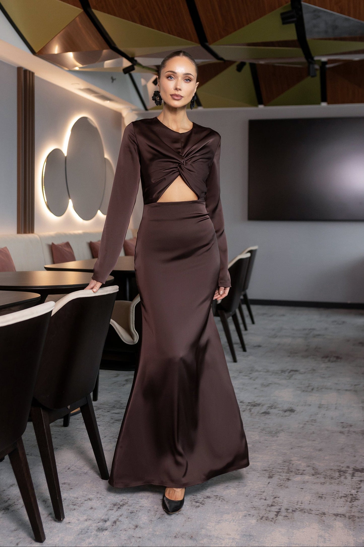 Elara Brown Satin Long-Sleeve Cut-Out Maxi Dress
