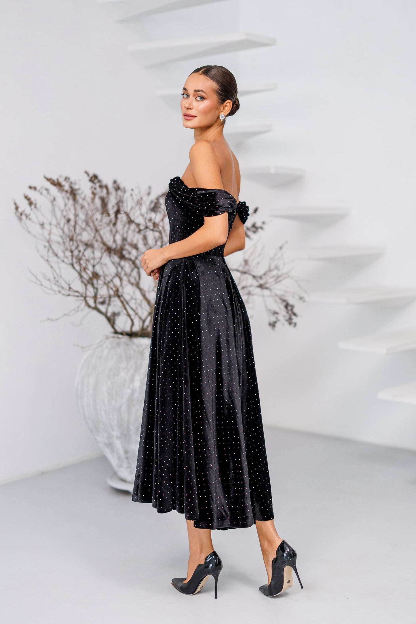 Nova Black Velvet Off-Shoulder Rhinestone Midi Dress