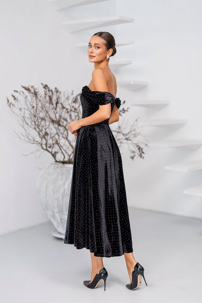 Nova Black Velvet Off-Shoulder Rhinestone Midi Dress