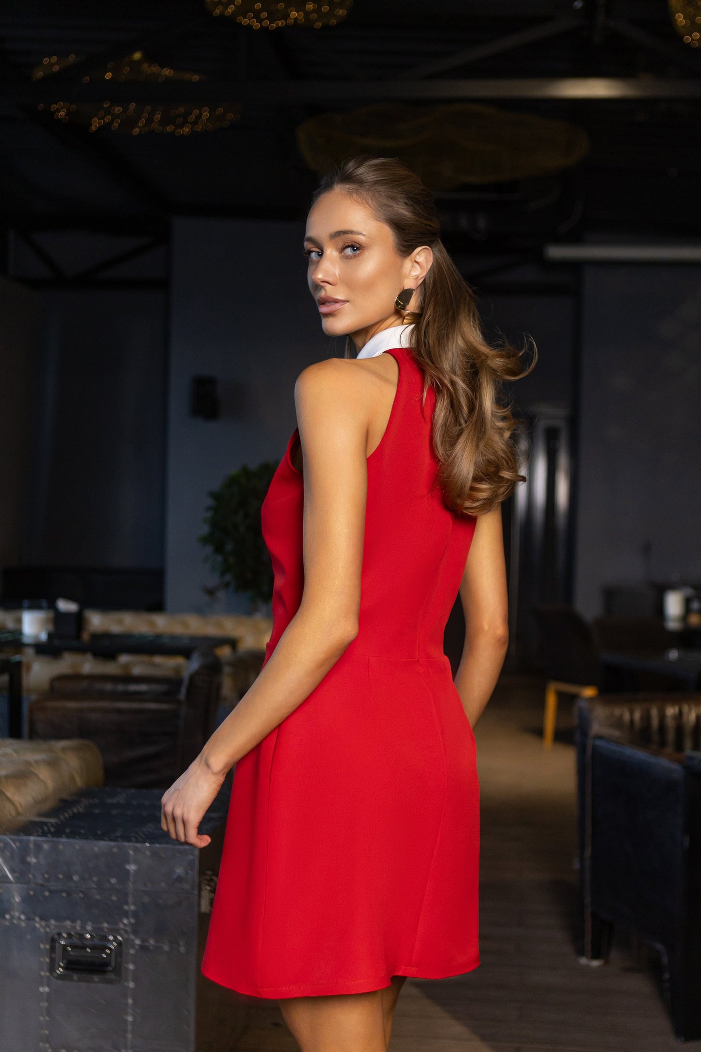 Monica Red Collared Sleeveless Mini Dress