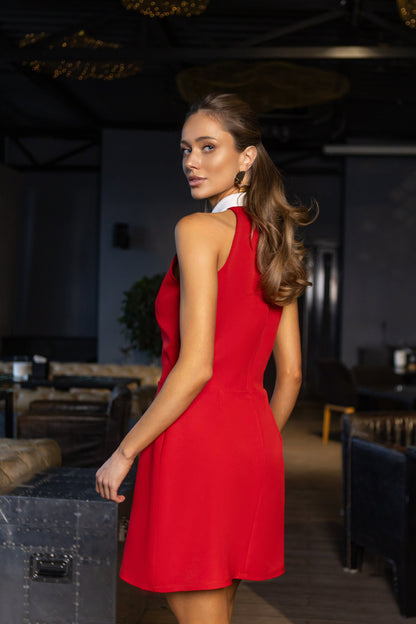 Monica Red Collared Sleeveless Mini Dress