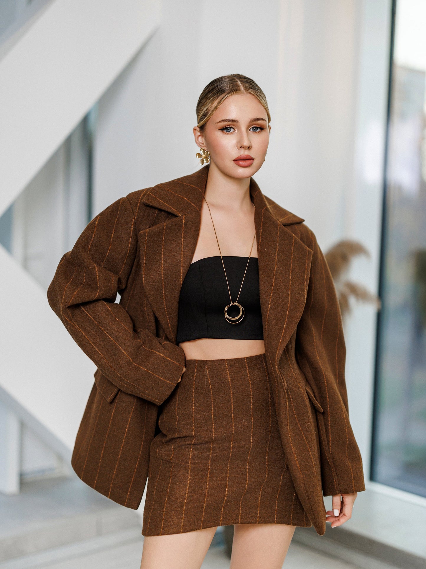 Brown Striped Wool Oversized Jacket Skirt Suit 2-Piece
