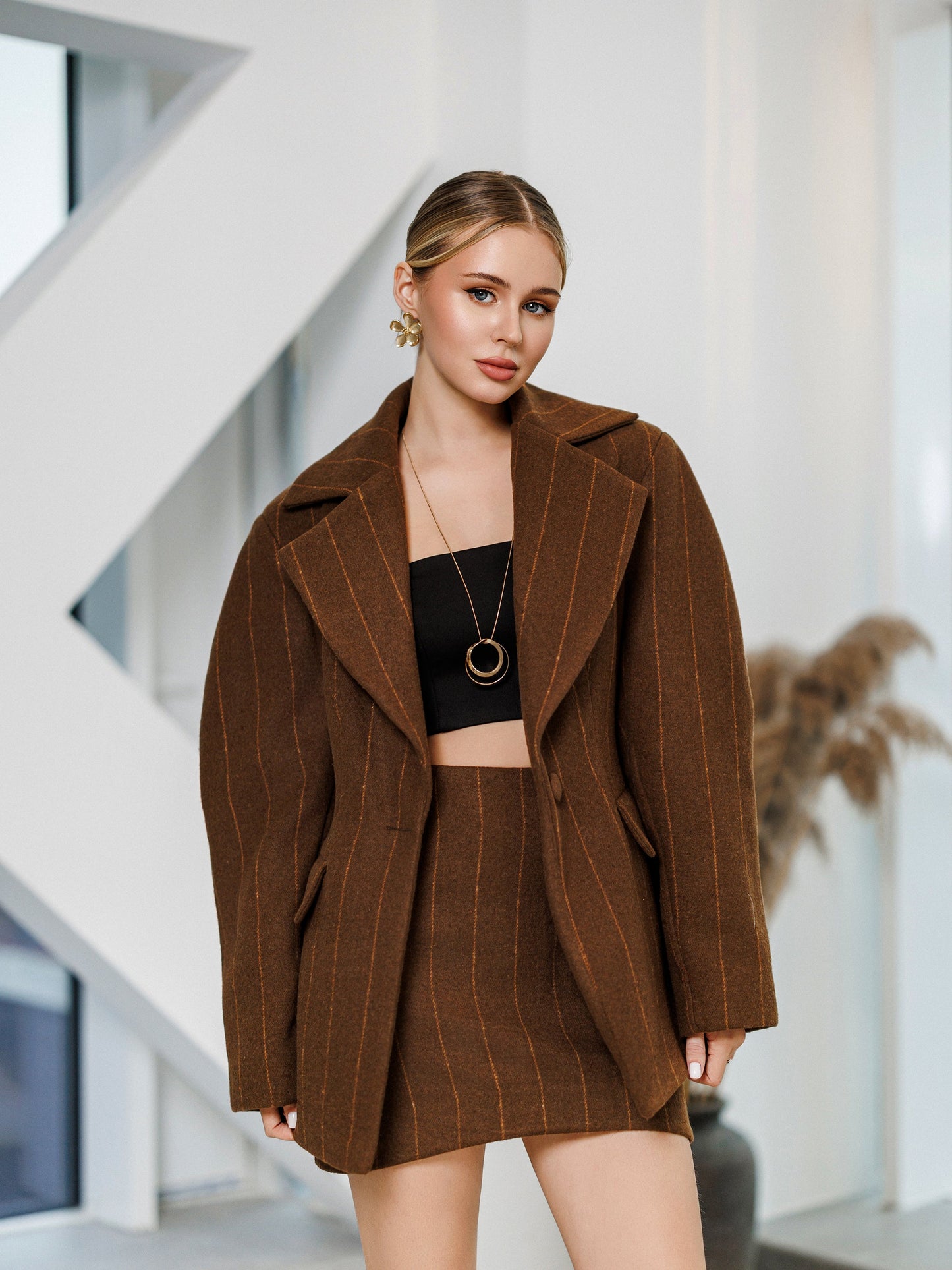 Brown Striped Wool Oversized Jacket Skirt Suit 2-Piece