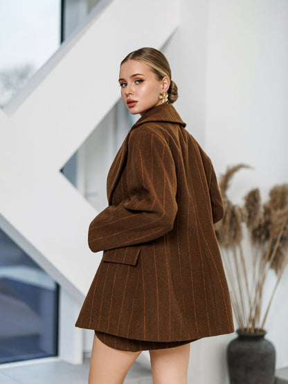 Brown Striped Wool Oversized Jacket Skirt Suit 2-Piece