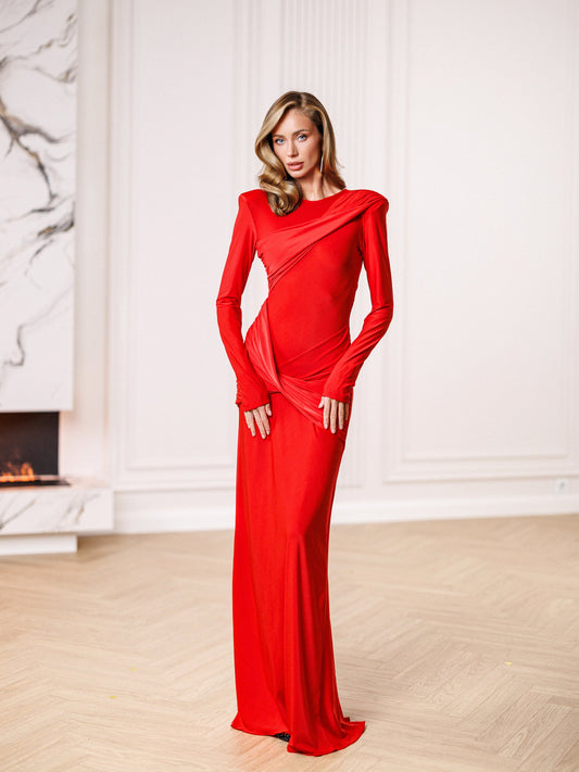 Éva Red Asymmetric Draped Open-Back Maxi Dress