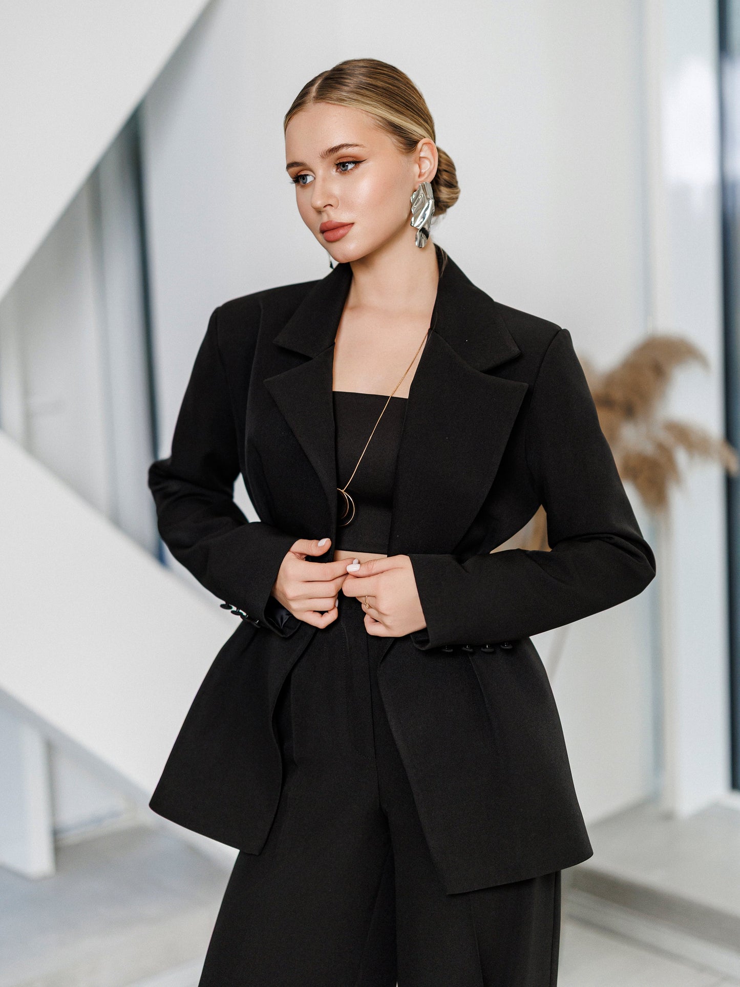Kaia Black Single-Breasted Pleated-Waist Suit 2-Piece