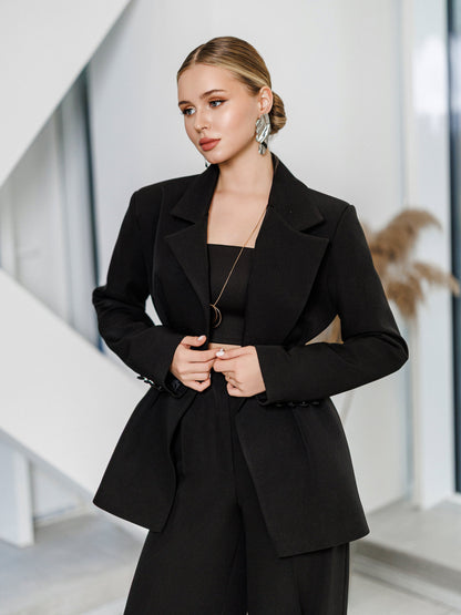 Kaia Black Single-Breasted Pleated-Waist Suit 2-Piece
