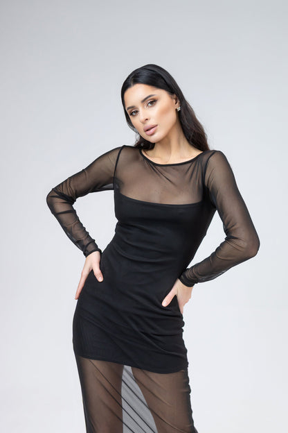 Black Long-Sleeve Sheer Mesh-Overlay Bodycon Dress
