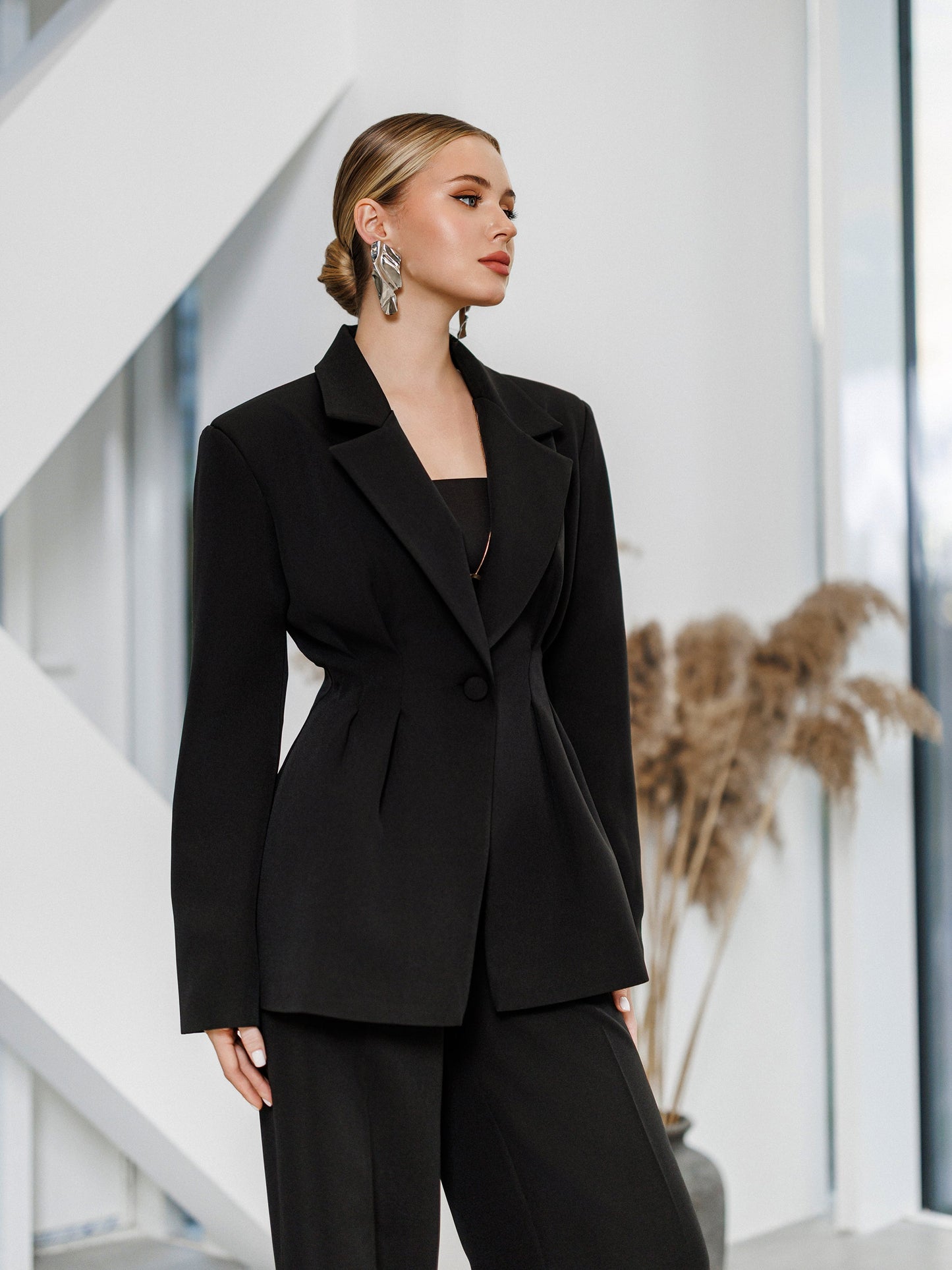 Kaia Black Single-Breasted Pleated-Waist Suit 2-Piece