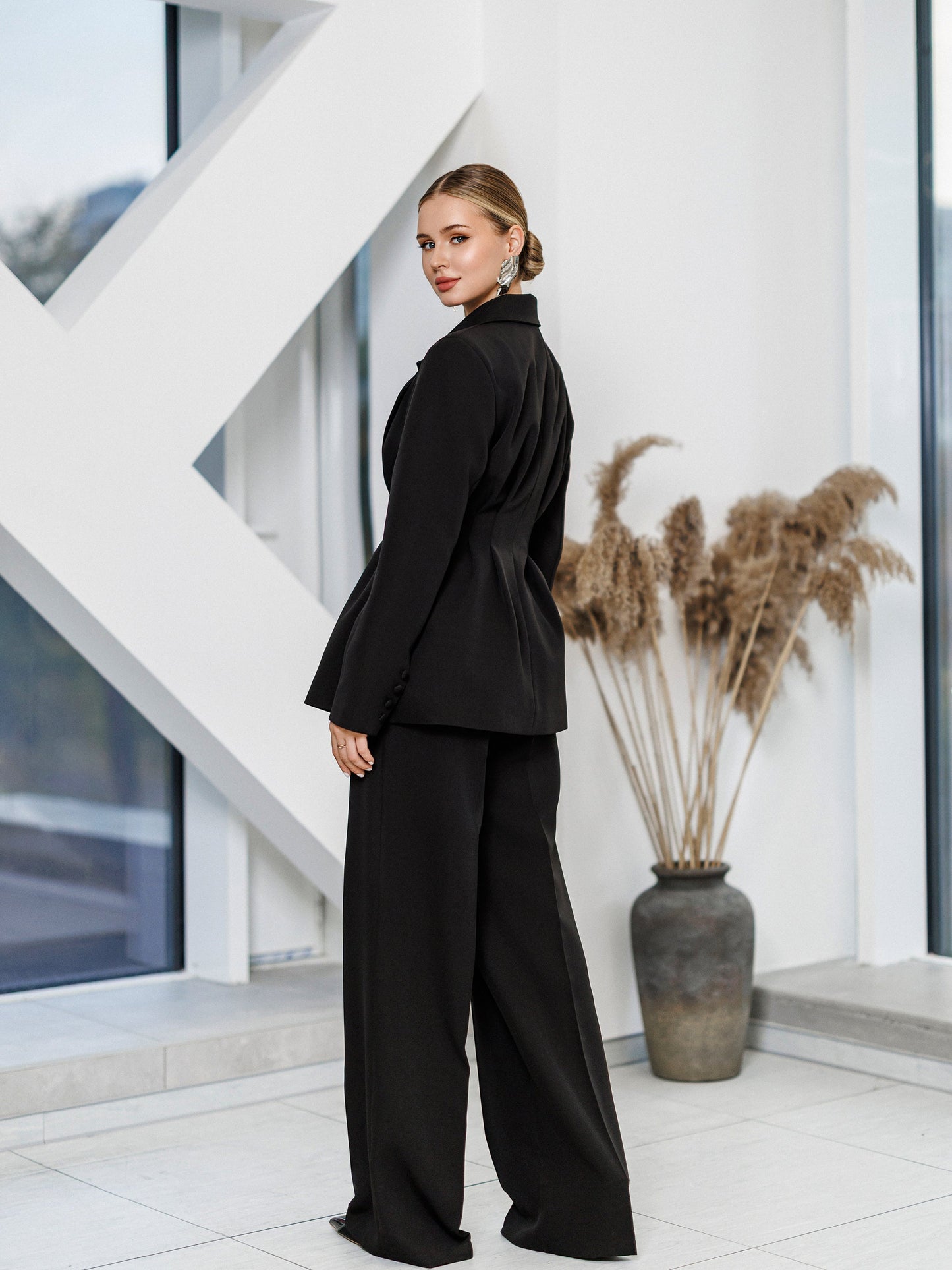 Kaia Black Single-Breasted Pleated-Waist Suit 2-Piece